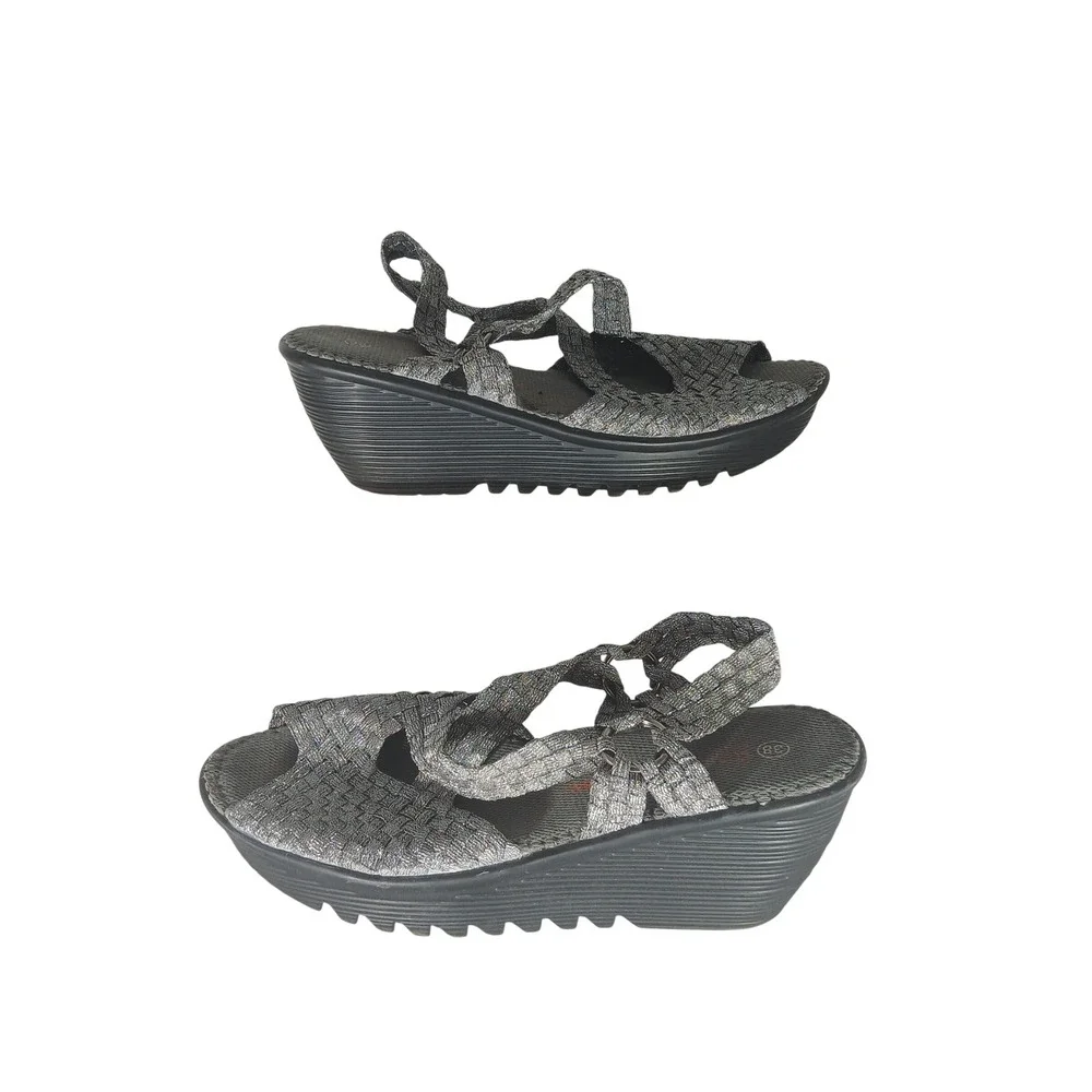 Bernie Mev Wedge Sandals 38 Silver Black Metallic Woven Elastic Platform Comfort